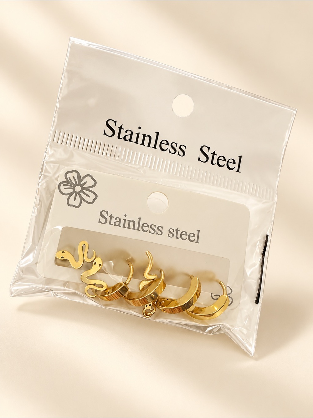 Gold Stainless Steel Cute Snake & Crescent Hoop Earring Set
